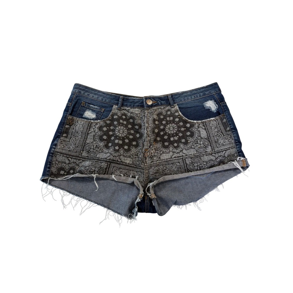 John John Made in Heaven Denim Shorts Bandana‎ Print Distressed Boho Festival 14
